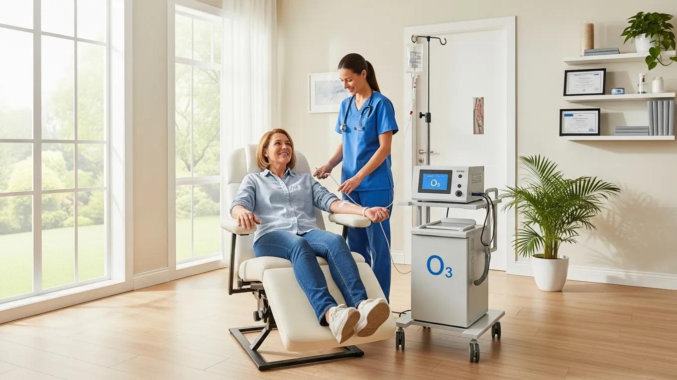 Ozone therapy session in a professional medical clinic, highlighting patient care and treatment Ozone therapy session in a professional medical clinic, highlighting patient care and treatment