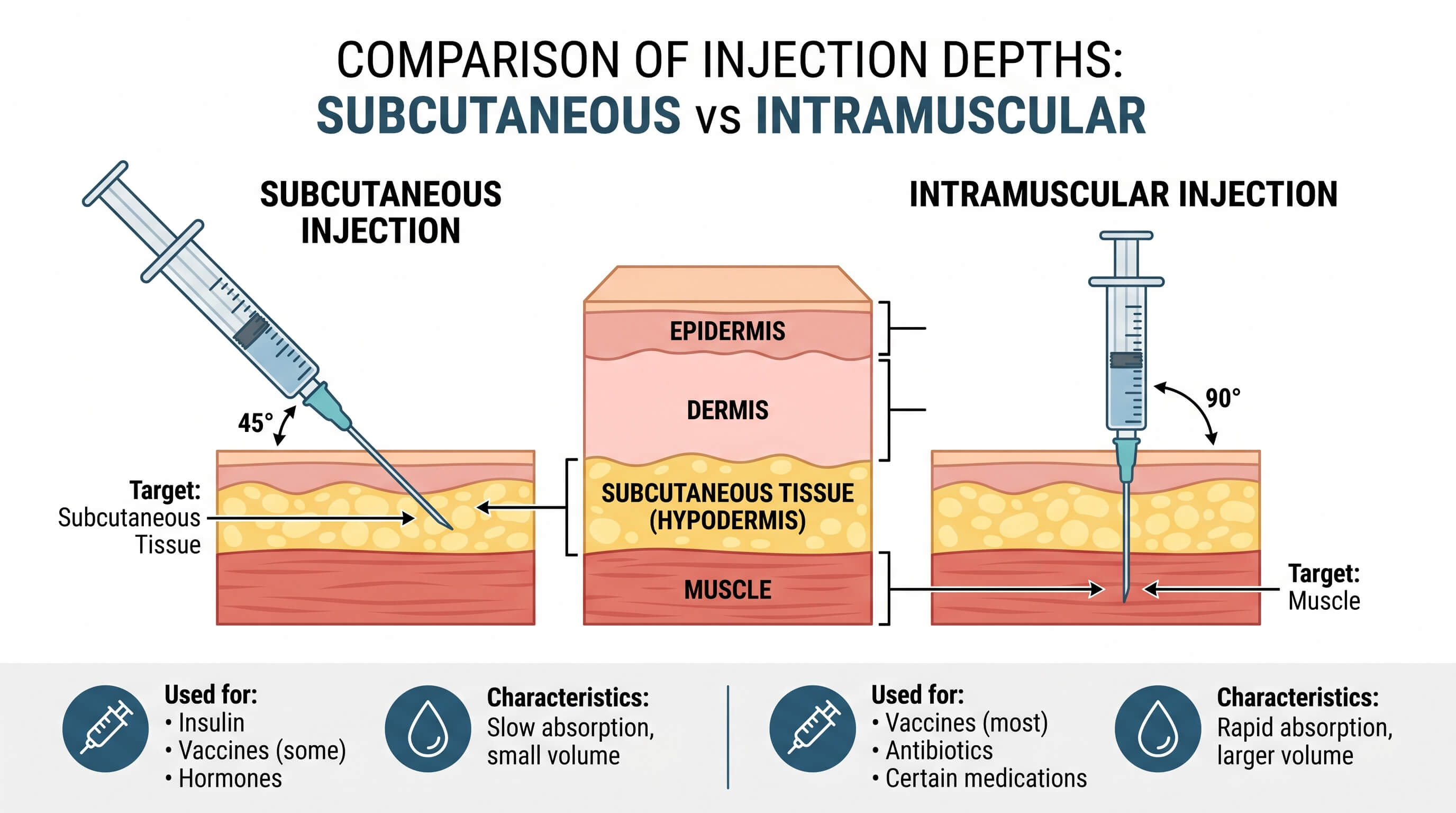Diagram comparing subcutaneous vs intramuscular injections with skin layers labeled.