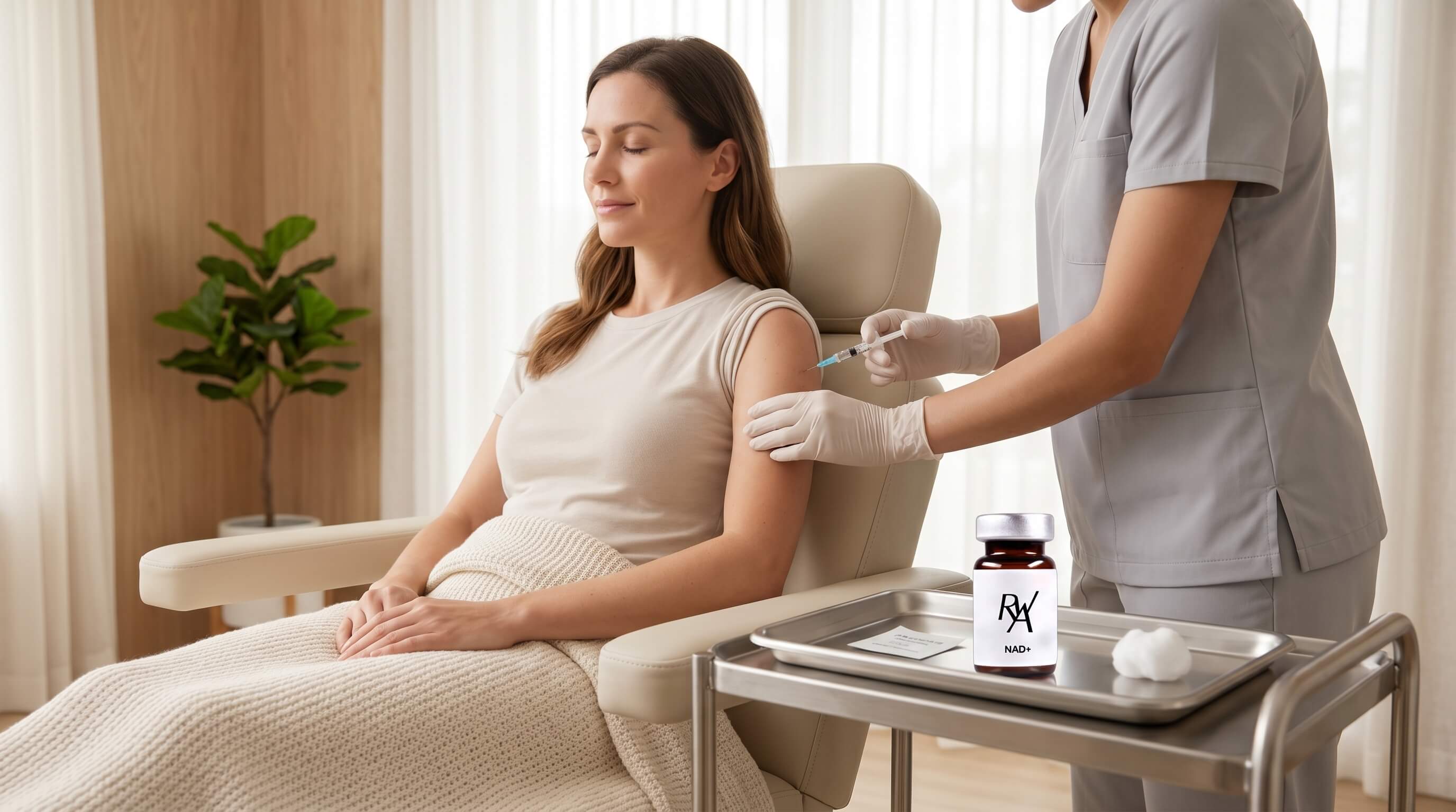 A woman sits with her eyes closed as a clinician administers an intramuscular injection into her upper arm; medical tray and NAD+ vial visible nearby.