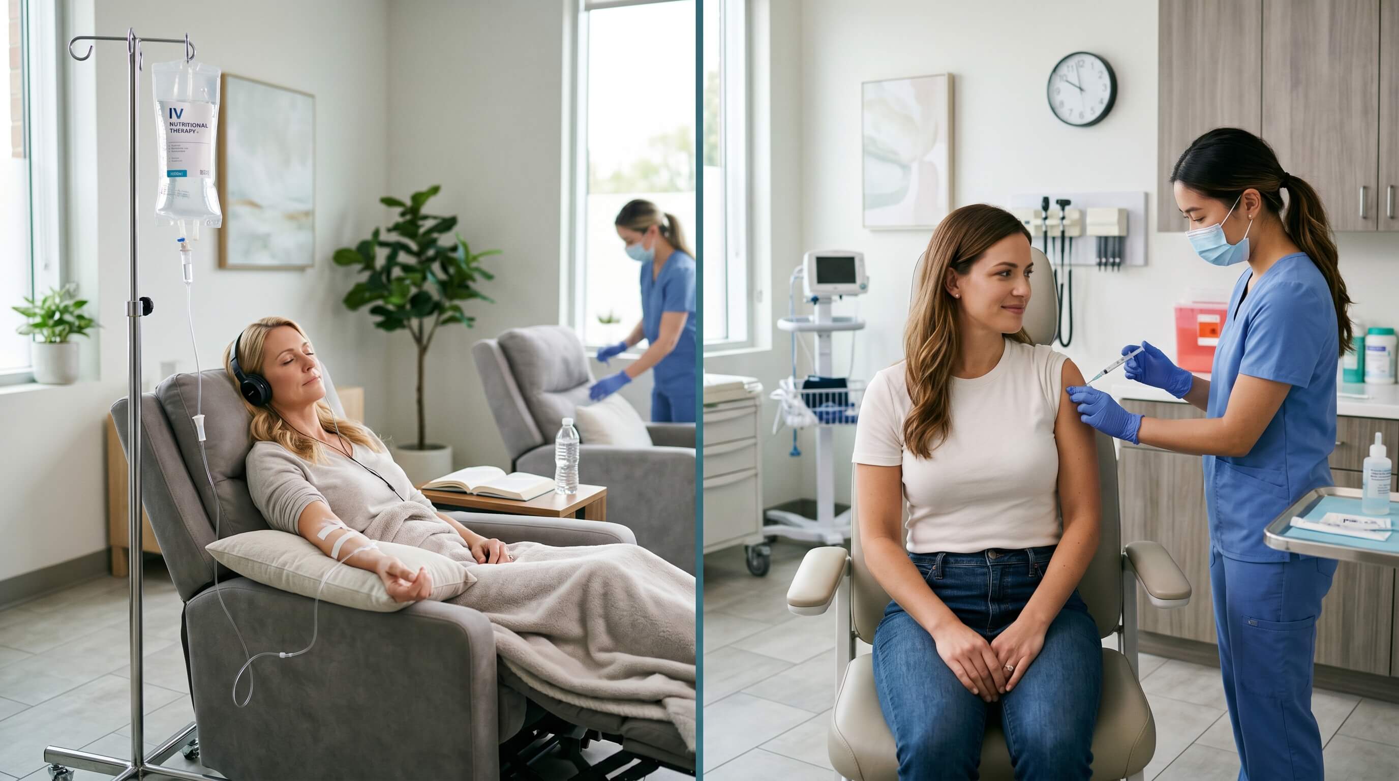 Woman resting in a chair with an IV drip in a bright clinic; a nurse works in the background (split-screen).