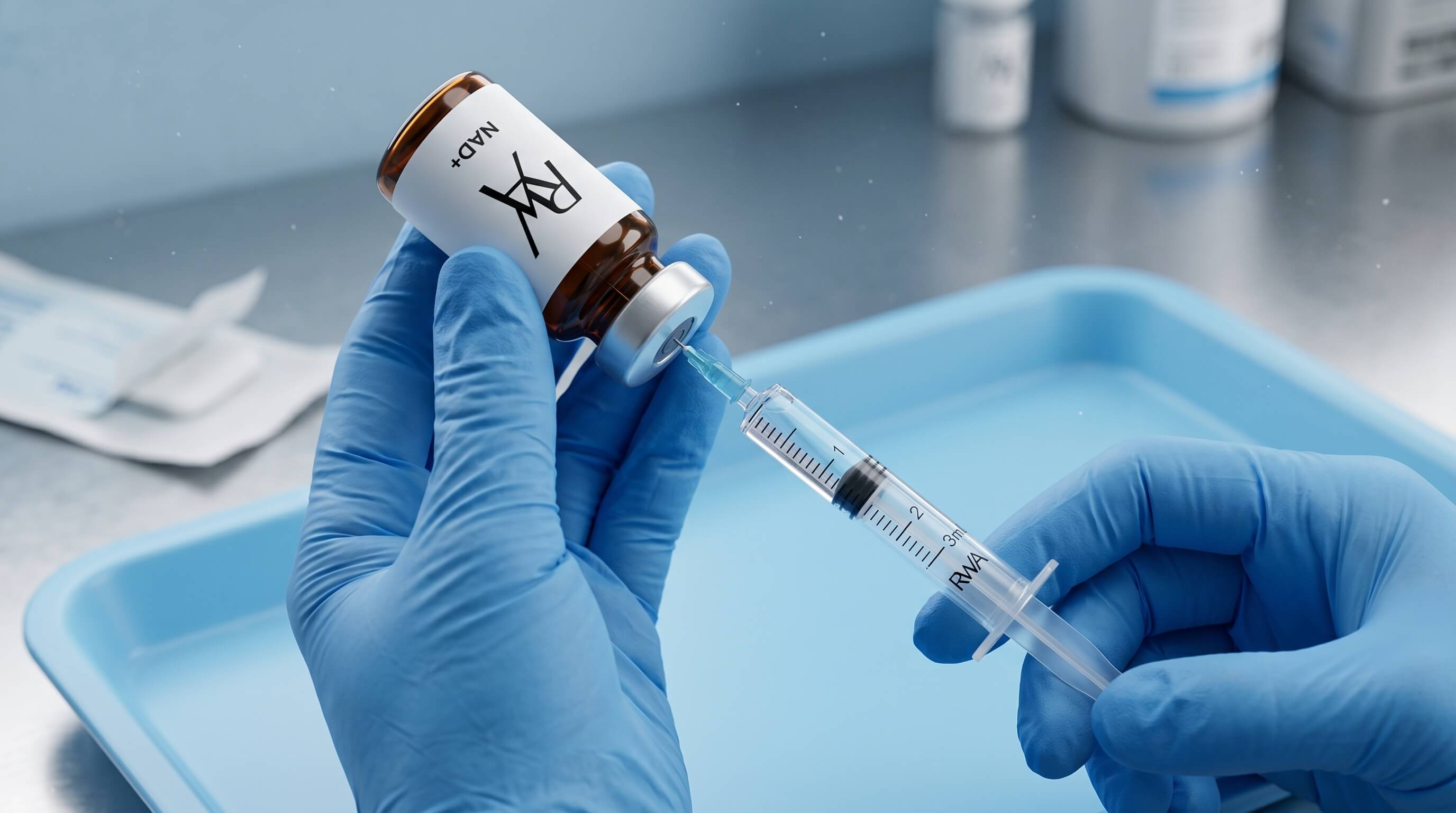 Gloved hands drawing liquid from a brown NAD+ vial into a syringe in a clinical setting.