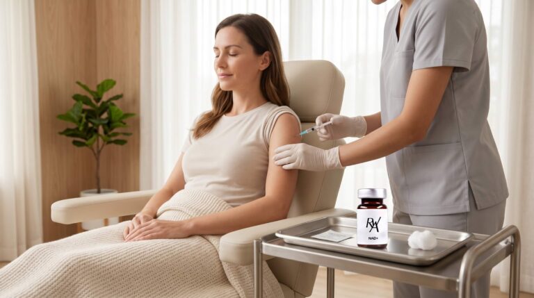 A woman sits with her eyes closed as a clinician administers an intramuscular injection into her upper arm; medical tray and NAD+ vial visible nearby.