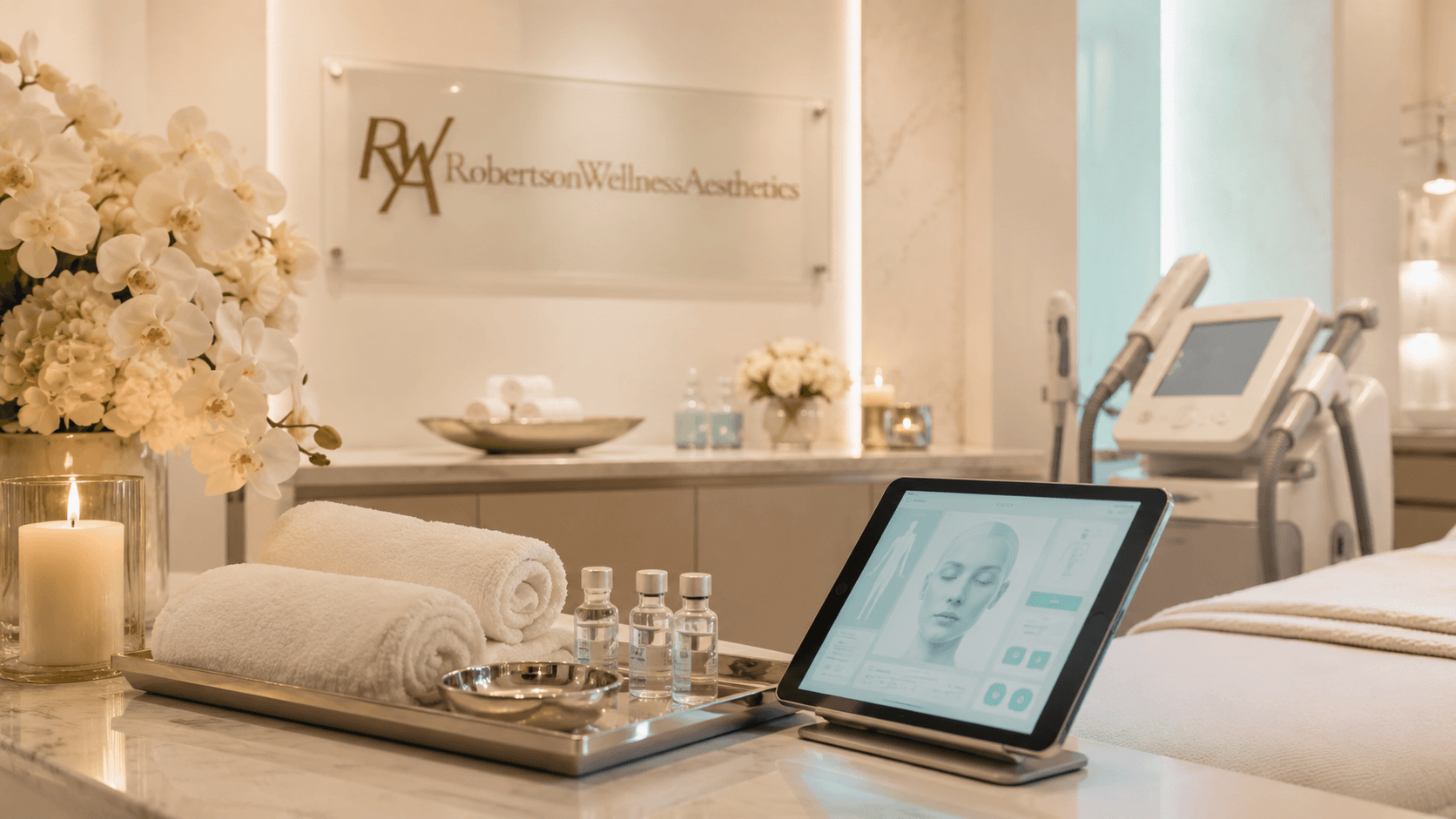 Spa treatment table with rolled towels, small skincare bottles, and a tablet showing a facial image; soft candlelight and white flowers in the background.