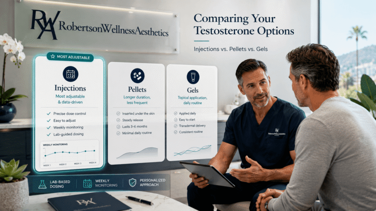 Two men discuss testosterone options in a clinic, with an infographic comparing injections, pellets, and gels.