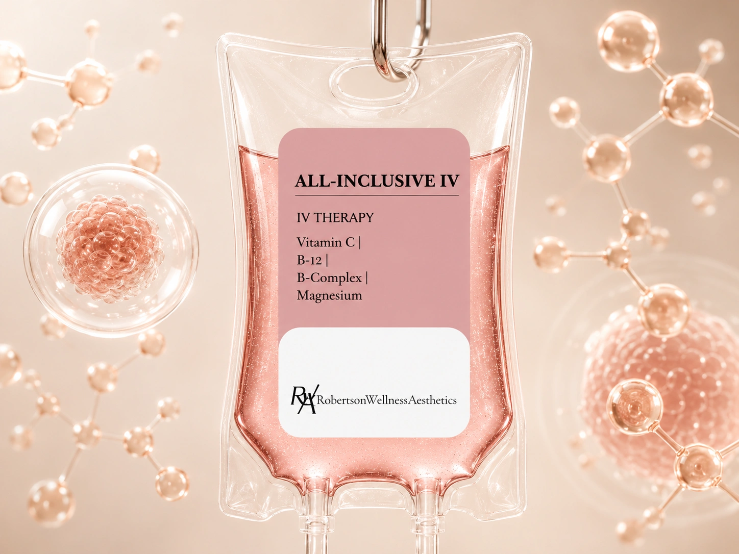 IV therapy bag with a pink label reading 'ALL-INCLUSIVE IV' and ingredients, from Robertson Wellness Aesthetics