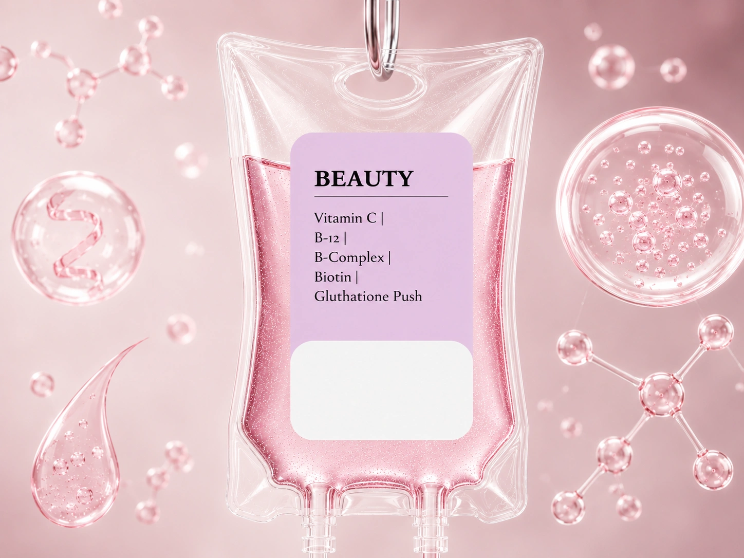 Pink beauty IV drip bag with a violet label listing vitamins C, B-12, B-Complex, Biotin, and Glutathione Push.