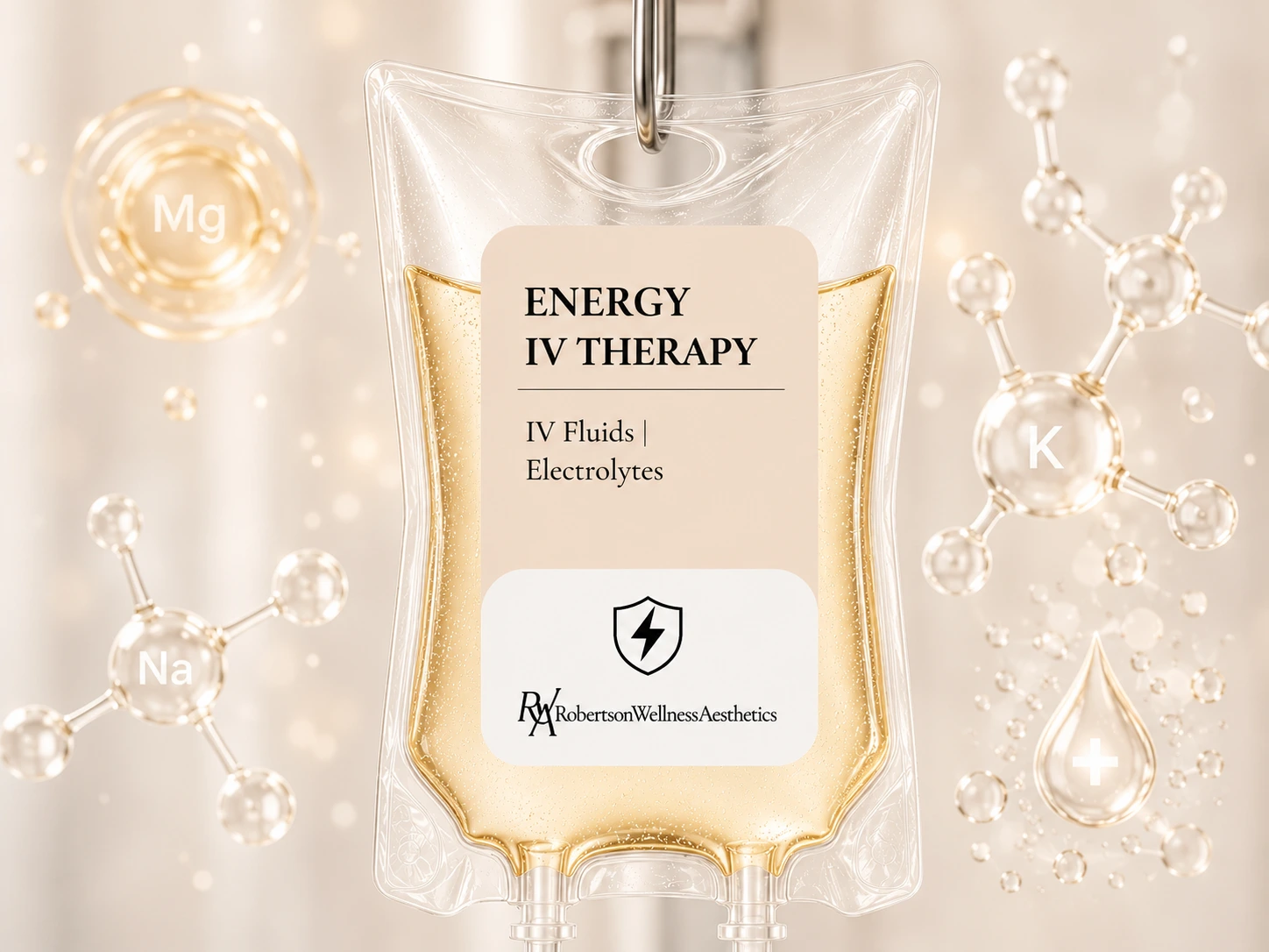 IV therapy bag labeled 'Energy IV Therapy' containing fluids and electrolytes, with Robertson Wellness Aesthetics branding and a science-themed background.