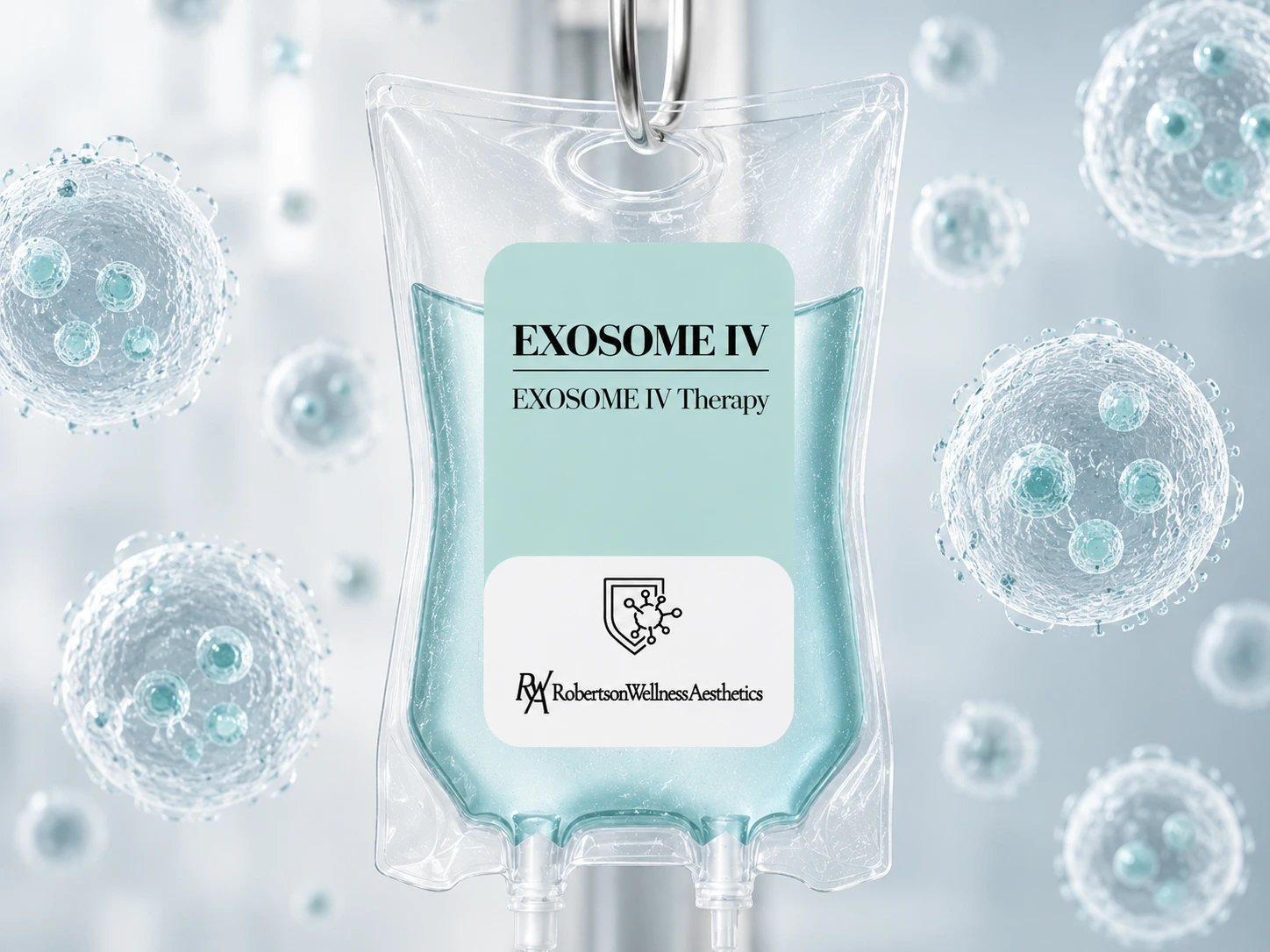 IV bag labeled EXOSOME IV Therapy with teal fluid, suspended; medical theme with cellular imagery in the background.