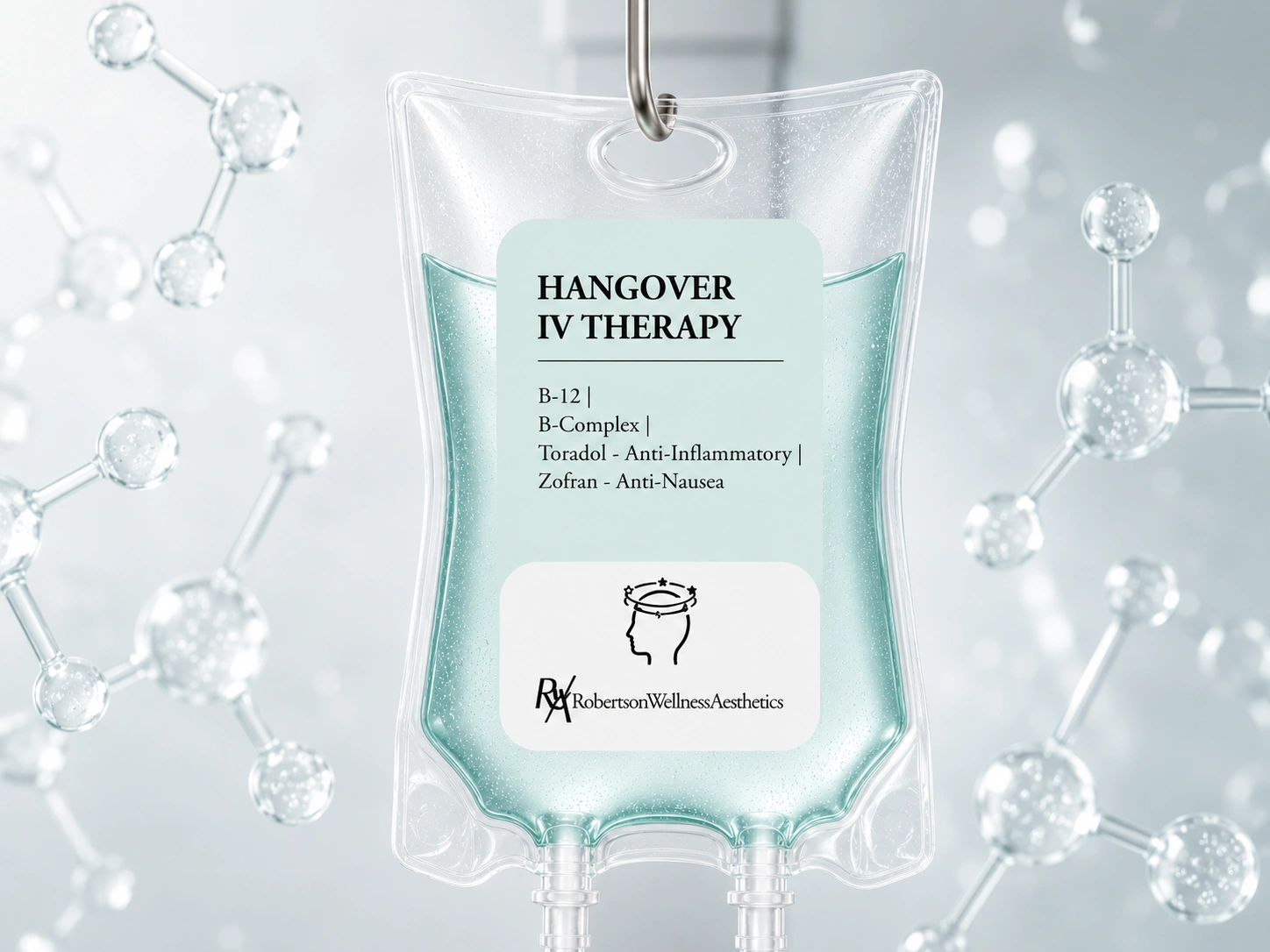 IV therapy bag labeled 'Hangover IV Therapy' with a list of ingredients, hanging from an IV pole in a clinical setting (medical context).