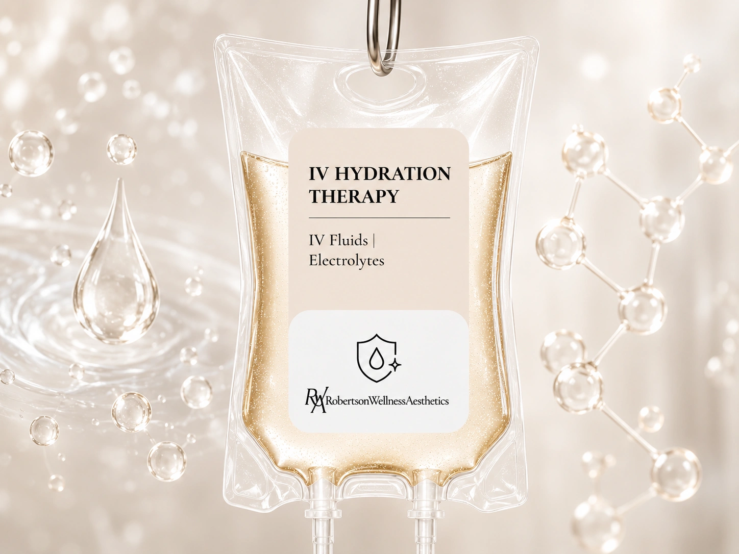 IV hydration therapy IV fluid bag hanging, label reads IV Hydration Therapy and IV Fluids Electrolytes, branding Robertson Wellness Aesthetics.