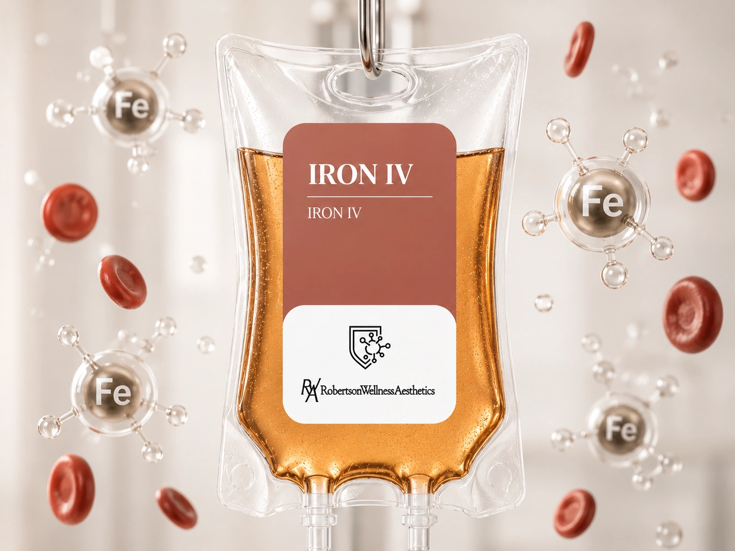 IV iron infusion bag labeled IRON IV with copper-brown fluid and a white label showing Robertson Wellness Aesthetics; surrounding Fe molecules and red blood cells emphasize iron therapy.