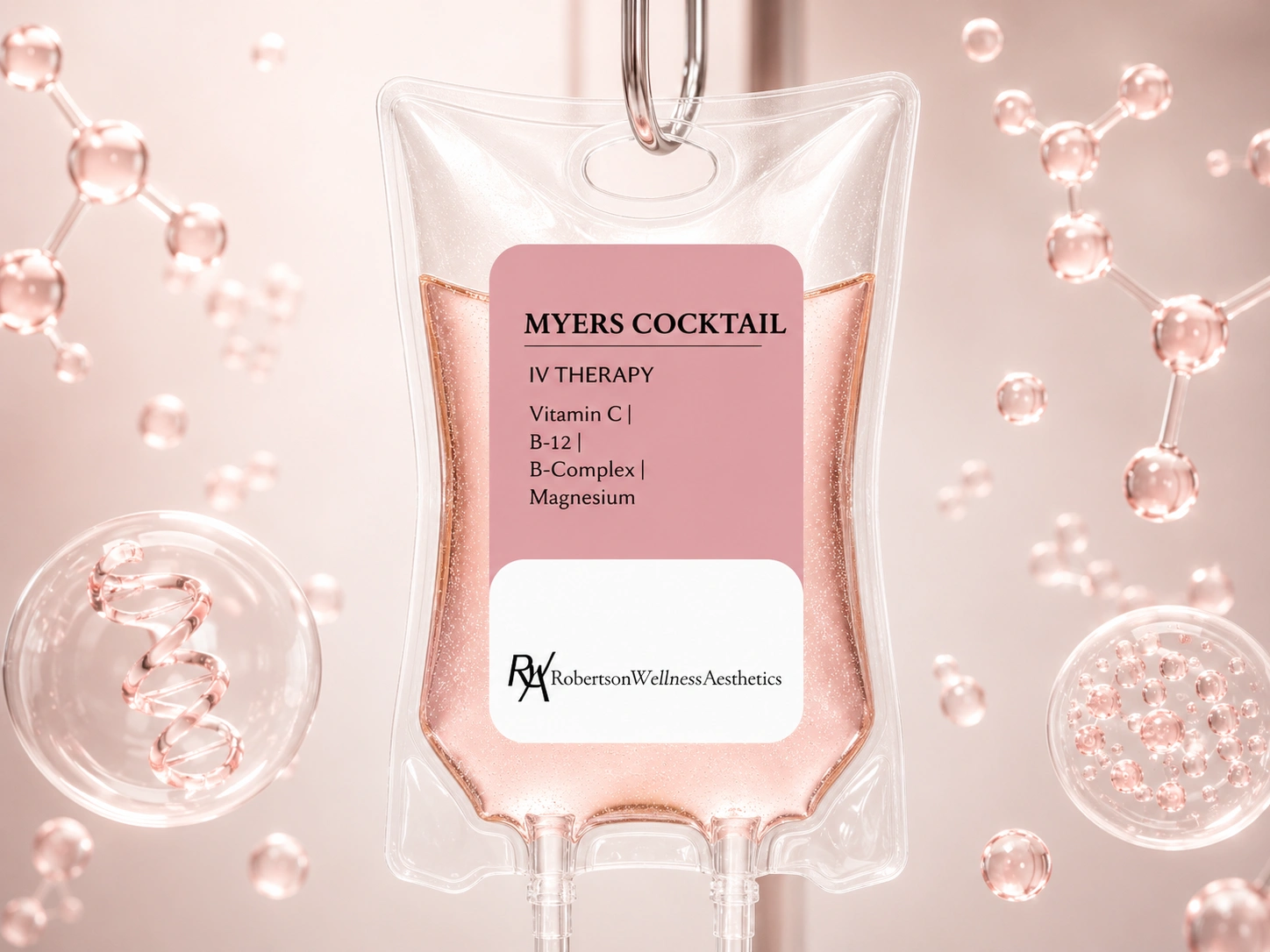IV therapy bag labeled 'Myers Cocktail' with pink tag listing vitamins (Vitamin C, B-12, B-Complex, Magnesium) and Robertson Wellness Aesthetics branding