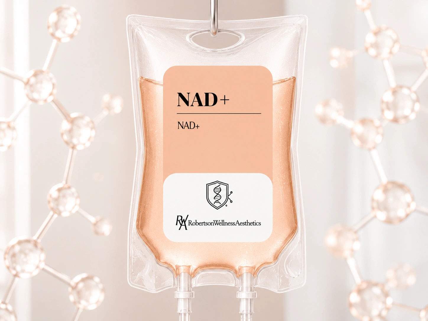NAD+ IV bag with peach label hanging from an IV stand, Robertson Wellness Aesthetics branding visible.