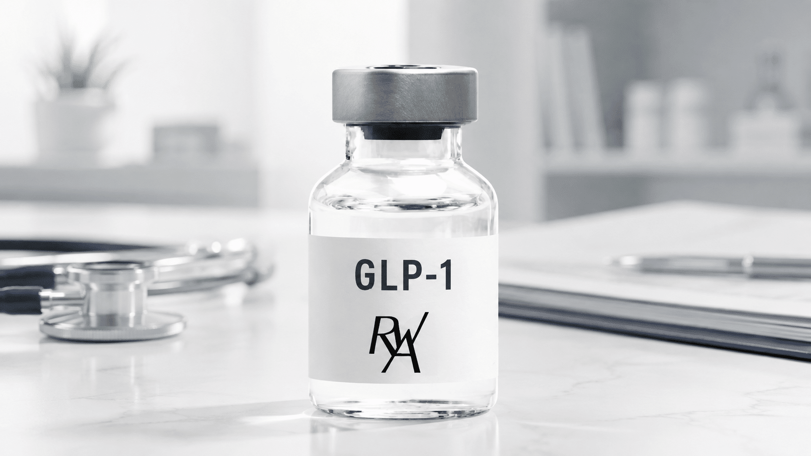 Vial labeled GLP-1 on a lab counter with a stethoscope blurred in the background, in a clinical setting.
