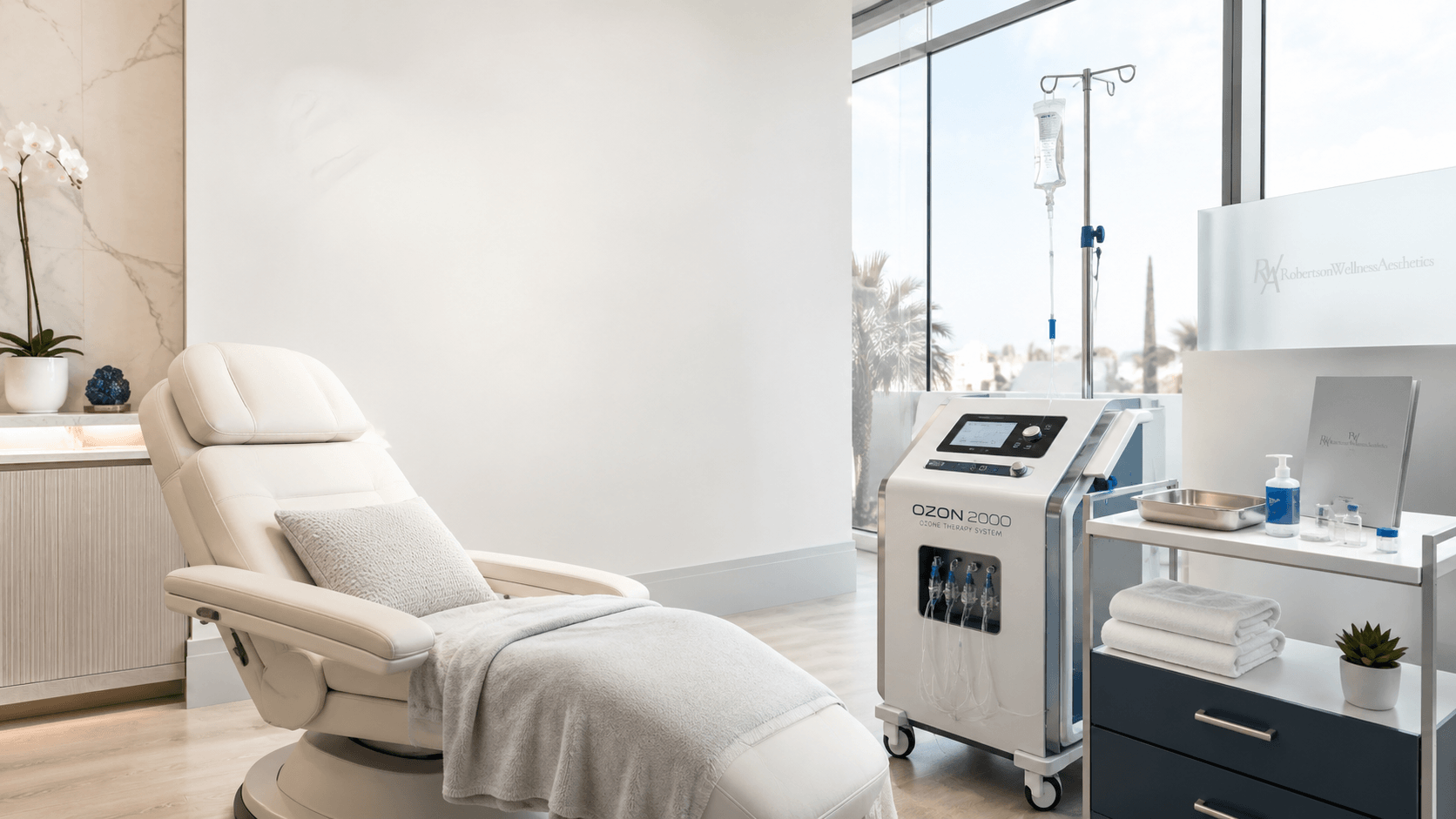 Luxurious treatment room with a white reclining chair, rolled towel, and soft cushion, adjacent to a medical ozone therapy machine and IV drip stand by a sunny window.
